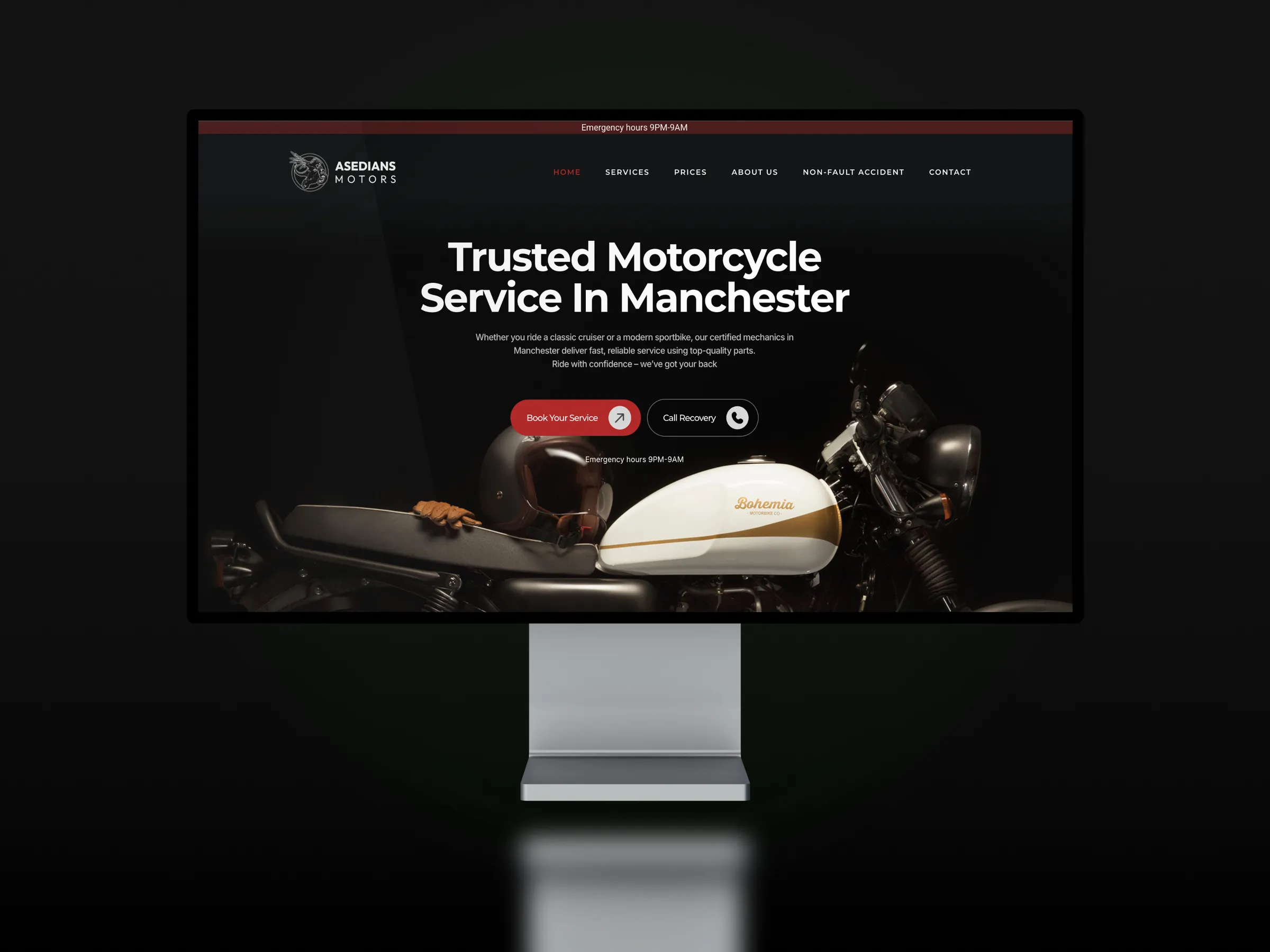 Prima pagină a site-ului Asedians Motors, cu o motocicletă în imaginea mare, pe un monitor