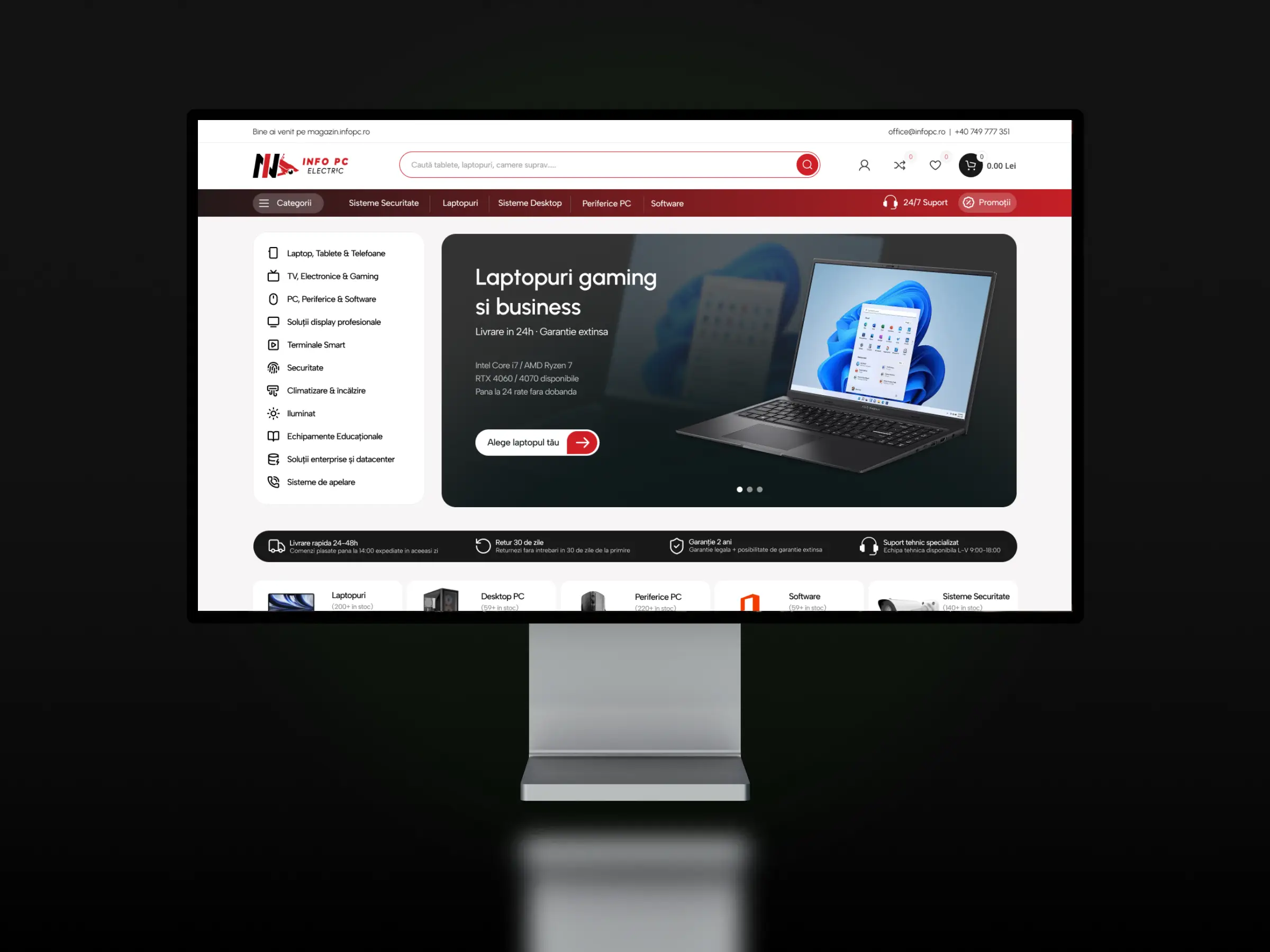 Pagina de start a magazinului online Info PC Electric, cu categoriile de produse, pe un monitor