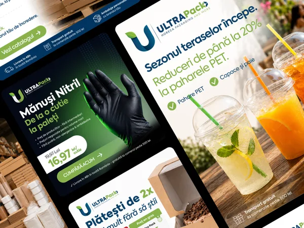 Reclame Ultra Pack pentru social media: mănuși, pahare de terasă, cutii de tort